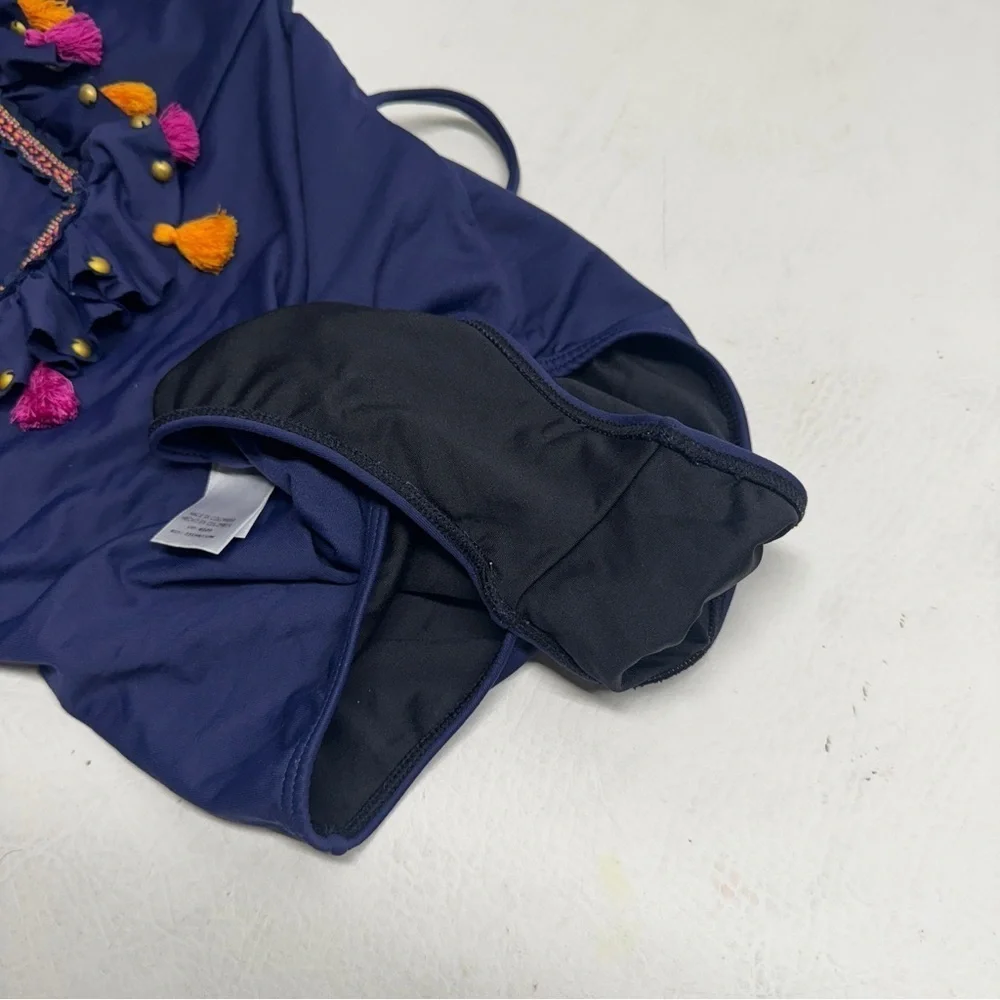 ONDA DE MAR Women’s size M Navy Swimsuit with Colorful Tassels